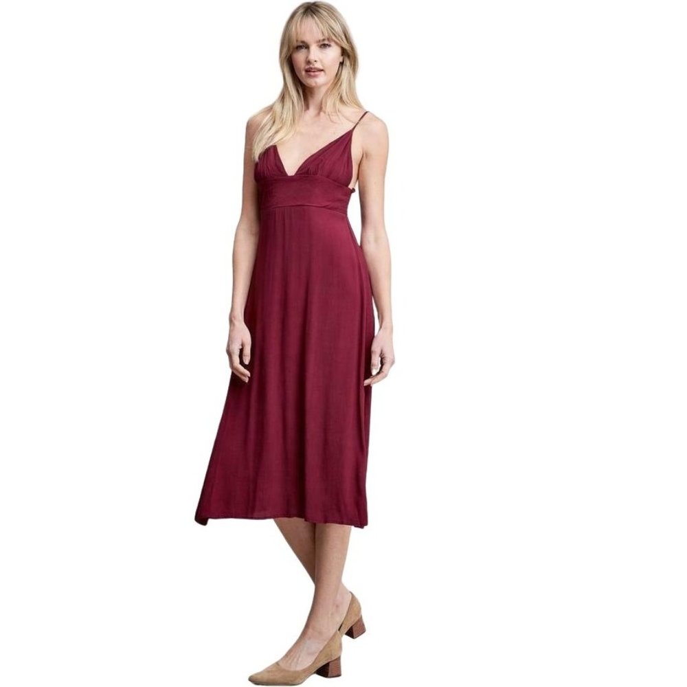 Burgundy Red Midi Slip Dress Size S Adjustable Straps Elastic Back